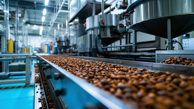 Cacao beans roasting in modern factory with clean stainless steel equipment and ample advertising space