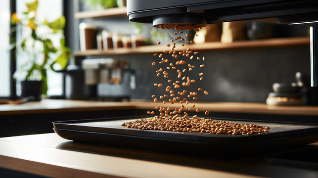 Modern coffee roaster cools freshly roasted golden-brown beans in a clean, minimalistic industrial space