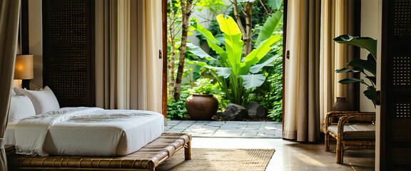A cozy bedroom with a rattan bed frame, layered neutral-toned linens, and soft drapes framing a wide