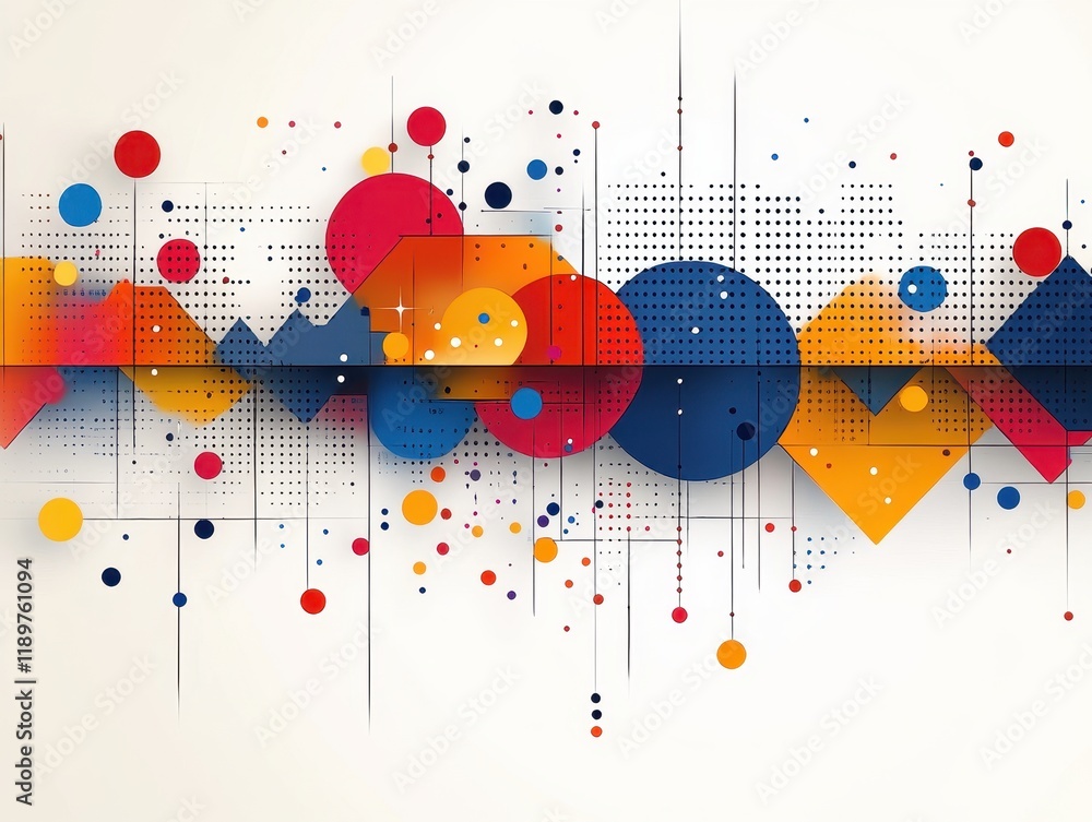 Poster abstract geometric design with vibrant colors and patterns.