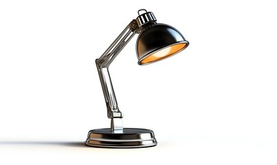 Chrome desk lamp with adjustable arm and warm light.