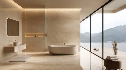 A beige home bathroom interior with a sleek glass shower and a window, providing a stylish and functional space.