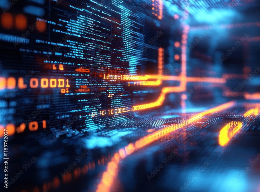 Poster futuristic digital landscape with abstract code sequences and neon lights in cyberpunk style