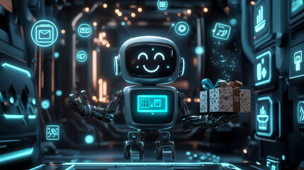 Fototapeta premium ギフトを届ける未来のロボットAIのイメージイラスト