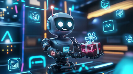 ギフトを届ける未来のロボットAIのイメージイラスト