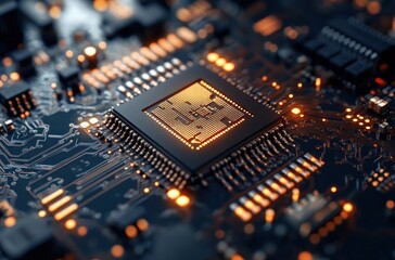 Hyper-realistic Digital Art Close-up of Microchip Circuit Board Illuminated with Blue Light