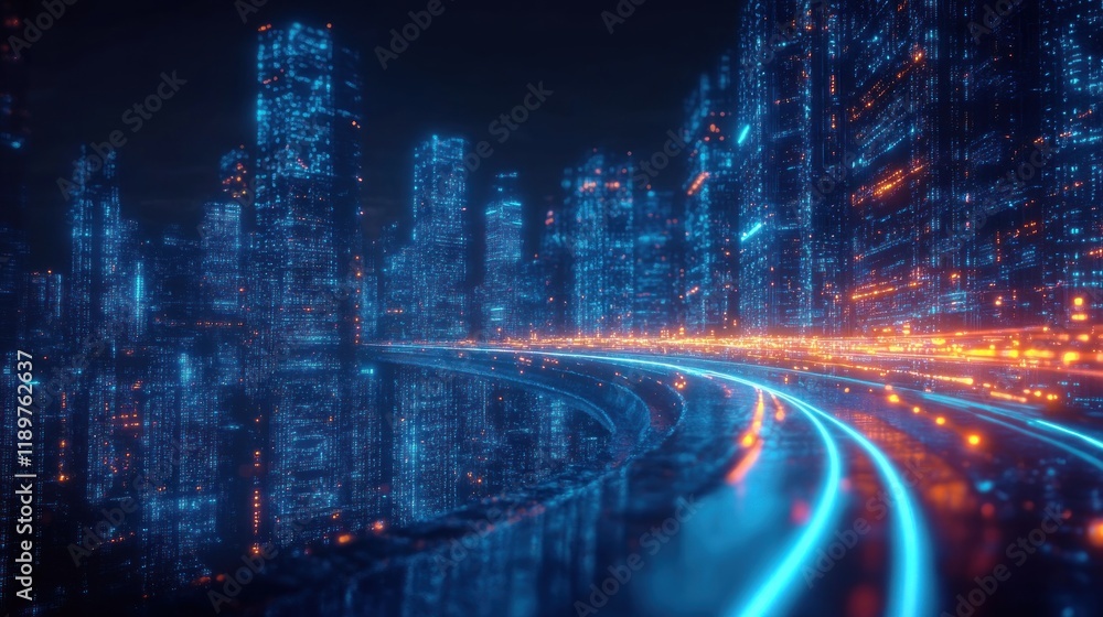 Poster futuristic cityscape with abstract highway and digital towers concept of big data artificial intelli
