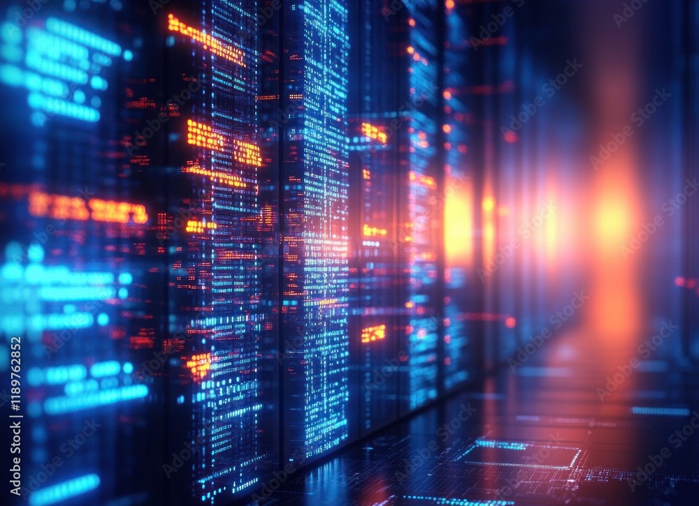 Poster futuristic server room with cyberpunk code and digital design elements