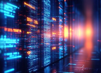 Futuristic Server Room with Cyberpunk Code and Digital Design Elements
