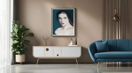 A beige living room featuring a canvas artwork, a sleek sideboard, and a stylish blue sofa, combining neutral tones with vibrant accents for a balanced and contemporary look.