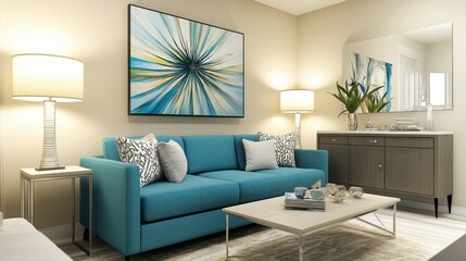 A beige living room featuring a canvas artwork, a sleek sideboard, and a stylish blue sofa, combining neutral tones with vibrant accents for a balanced and contemporary look.