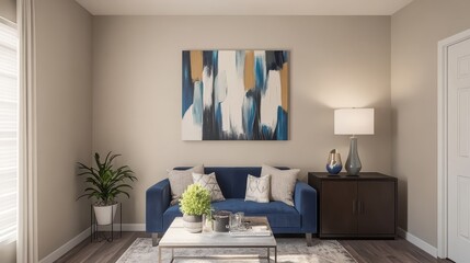 A beige living room featuring a canvas artwork, a sleek sideboard, and a stylish blue sofa, combining neutral tones with vibrant accents for a balanced and contemporary look.