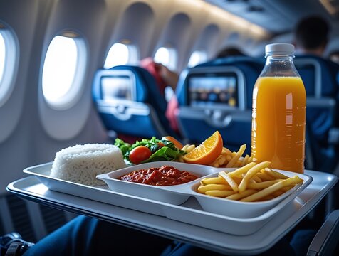delicious airplane meal served on tray including rice pasta fries fresh salad orange slice and orange juice showcasing in-flight dining experience with comfort and enjoyment during air travel journey

