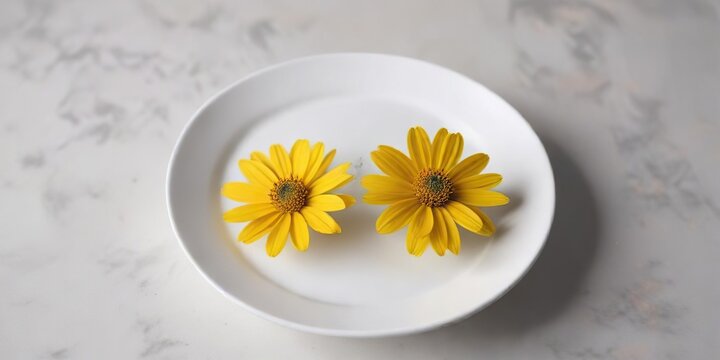 Single yellow Euryops pectinatus flower on a white plate, yellow, euryops, delicate