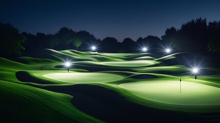 breathtaking night golf course illuminated with bright lights highlighting perfectly manicured greens bunkers and serene landscape offering a stunning view of nighttime golfing adventure and tranquili