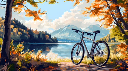 A modern hybrid bicycle with a lightweight frame parked near a scenic lakeside trail. Lakeshadow. Illustration