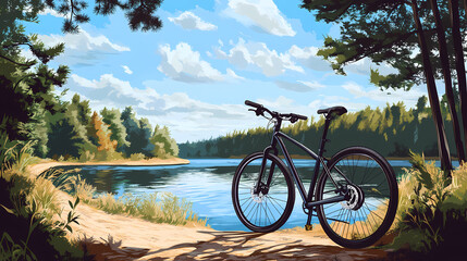 Fototapeta premium A modern hybrid bicycle with a lightweight frame parked near a scenic lakeside trail. Lakeshadow. Illustration