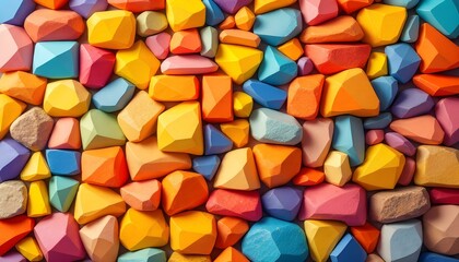 Vibrant multicolored geometric stones stacked together, forming a seamless gradient from cool blues to warm yellows, oranges, and reds.