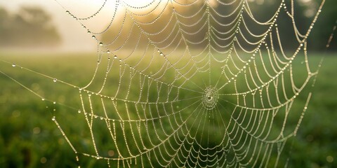 Naklejka premium Morning dew glistens on a spider web in a sunlit field during early hours