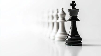 A black chess king stands prominently in front of a row of white pawns on a white background, symbolizing strategy and competition.
