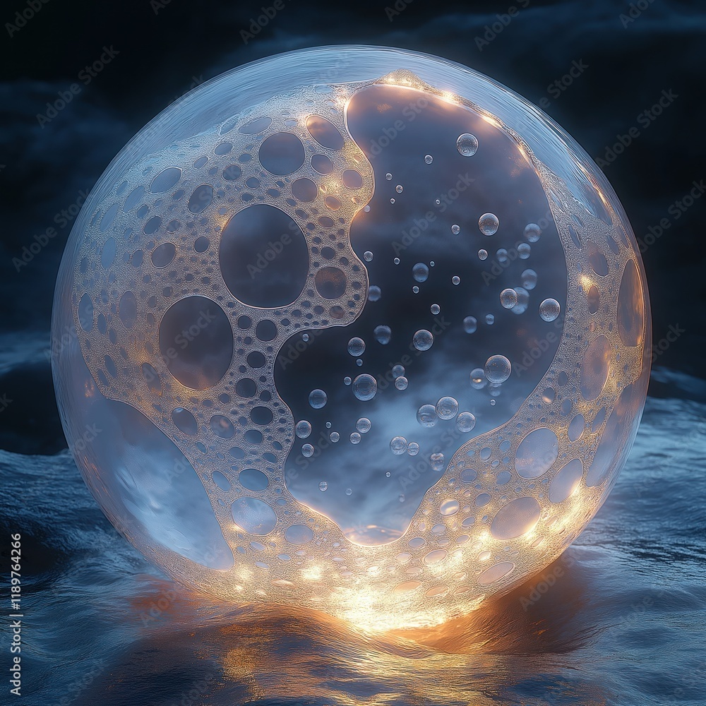 Poster abstract sphere with shiny blue, golden glow. transparent sphere filled with small bubbles. design e