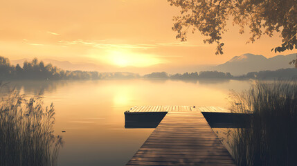 A peaceful lakeside view with a dock and the soft golden light of sunset creating a tranquil atmosphere. Lakeshadow. Illustration