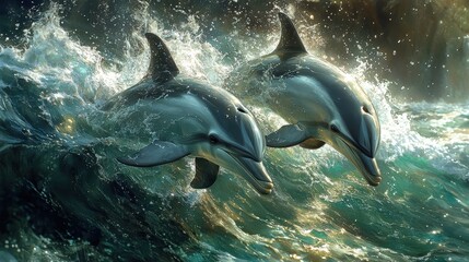 Obraz premium Two dolphins swimming through vibrant, splashing ocean waves.