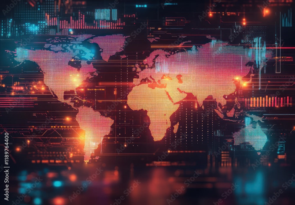 Poster digital world map financial data visualization technology graphs and charts