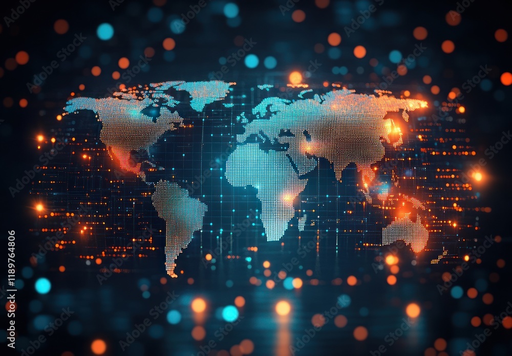 Poster minimalist digital world map abstract visualization in turquoise and orange