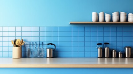 A blue tile home kitchen interior features a stylish counter and an array of kitchenware, with ample empty copy space for customization.