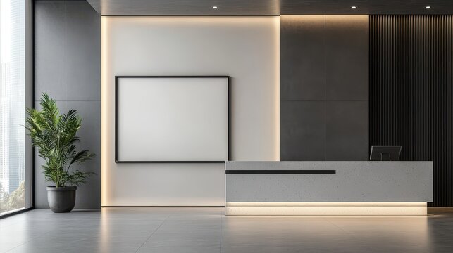 A bright exhibition room features a sleek drawer, a panoramic window providing ample natural light, and a mockup frame on the wall, creating a clean and inviting space for showcasing art or products.