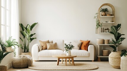 A bright living room interior featuring a spacious layout with abundant natural light and a white empty wall, offering a clean and versatile space for various decor and furniture arrangements.