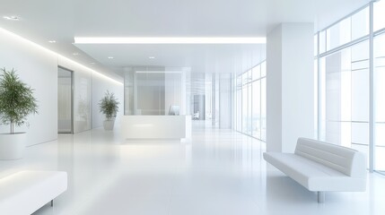 Fototapeta premium Bright white waiting room interior with minimalist design, featuring sleek furniture and a modern aesthetic.