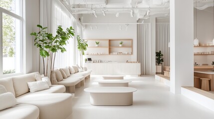 Fototapeta premium Bright white waiting room interior with minimalist design, featuring sleek furniture and a modern aesthetic.