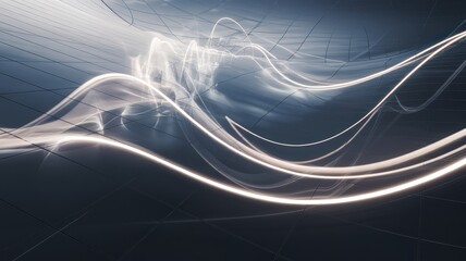 Abstract digital art featuring flowing light waves on a dark background, creating a serene and futuristic atmosphere.