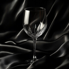 A crystal wine glass resting atop black silk fabric, with a solid color background.....Tags: