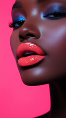 close up portrait of a woman lips closeup coral gloss black model bright hot pink background studio fashion photography makeup
