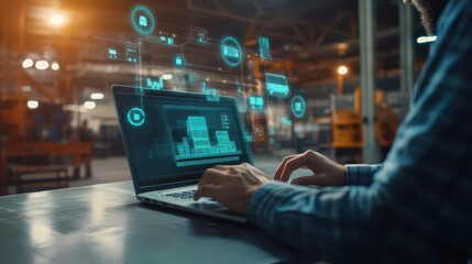 A businessman working on a laptop with logistics icons displayed on the screen, illustrating a technology-driven approach to business operations.