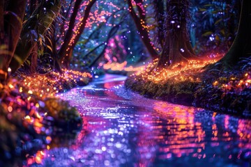 A serene river illuminated by colorful lights in a lush forest, creating a magical atmosphere.
