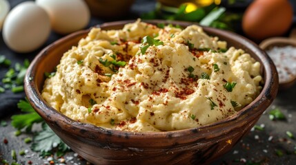 Creamy mashed potatoes topped with spices and herbs in rustic bowl, surrounded by fresh ingredients like eggs and herbs, creating warm and inviting dish