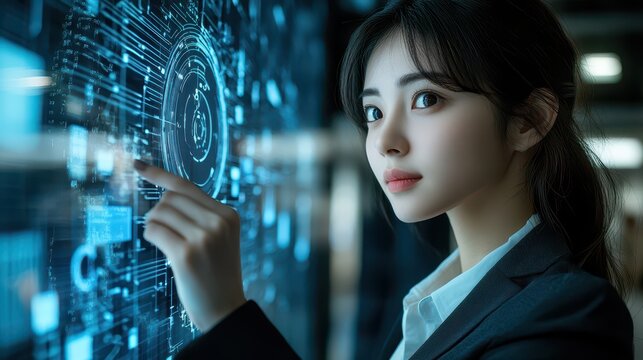 A businesswoman interacts with a biometric scanning device, while digital holograms and statistical data are displayed around her.