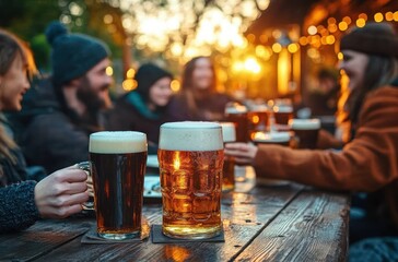 Friends Enjoying Beer in Winter Garden at Rustic Pub Gathering