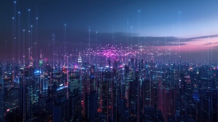 A captivating night city panorama, enhanced with a glowing network hologram that overlays the cityscape, symbolizing digital connectivity and technological advancement.