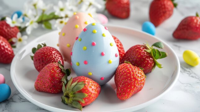 Colorful Easter eggs on plate surrounded by fresh strawberries, creating festive and cheerful atmosphere. Perfect for spring celebrations and holiday gatherings