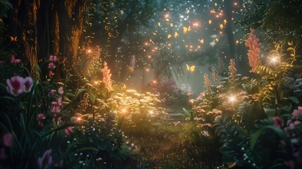 Obraz premium A magical forest scene filled with vibrant flowers, glowing lights, and fluttering butterflies.