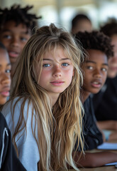Obraz premium Diverse Group of Teenagers Engaged in Lively Discussion Around a Table