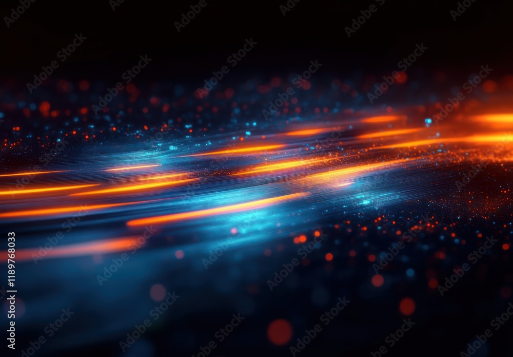 Poster abstract digital art futuristic visualization in blue and orange with high contrast and movement