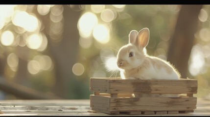cute rabbit sitting on wooden crate, surrounded by soft bokeh lights, creating warm and serene atmosphere. This charming scene captures essence of tranquility and innocence