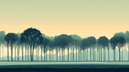 Obraz premium Serene dawn forest silhouette, misty hills, tranquil landscape, nature banner
