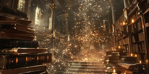 Obraz premium A magical library filled with books, sparkling light, and a serene atmosphere.